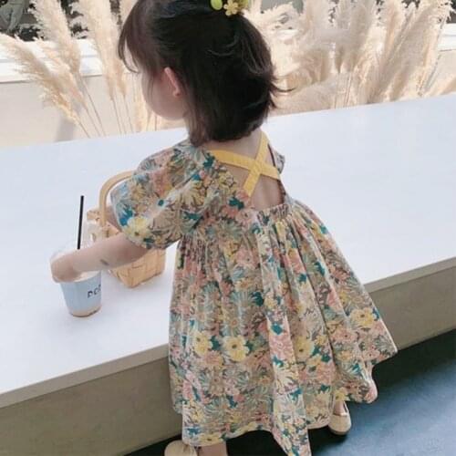 Cute Printed Dress for Kids 2021 Backless Summer Clothing Lantern Sleeve Princess Dress Square Collar Girls A-Line Dress