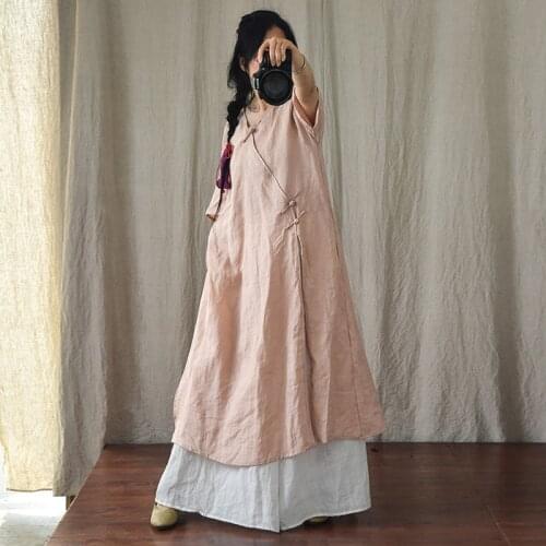 2021 Summer Ramie Women Dress V neck Thin Short Sleeve Casual A line Loose Vintage Women Long Dress YoYiKamomo