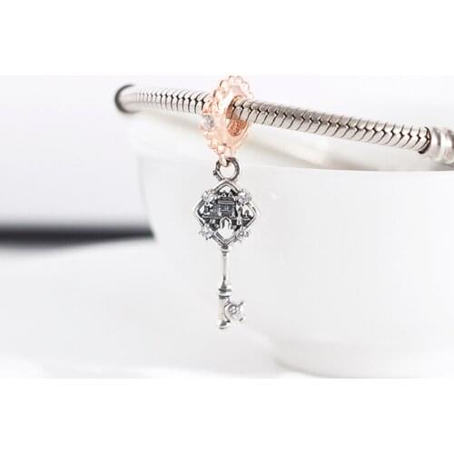 Authentic S925 Silver Rose Key With Crystal Pendant Bead Charm fit Lady Bracelet Bangle DIY Jewelry