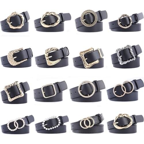 Women PU Belt Vintage Punk Belts Black Leather Alloy Ring Circle Buckle Waistband Jeans Casual Female Decorative Belts For Women