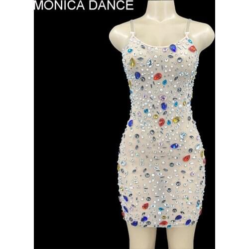 Colorful Crystals Pearls Sexy Stage Mesh Dress Prom Evening Transparent Multicolor Rhinestones Costume Birthday Feather Dress