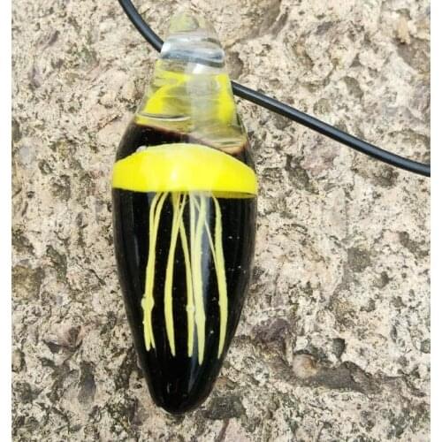 FREE SHIPPING Vintage Yellow JELLYFISH Hand Blown Black Drop Glass necklace