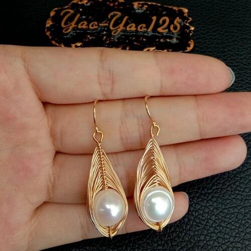YYGEM Handmade Cultured White freshwater Pearl Yellow Gold color Plated Wrap Hook Earrings