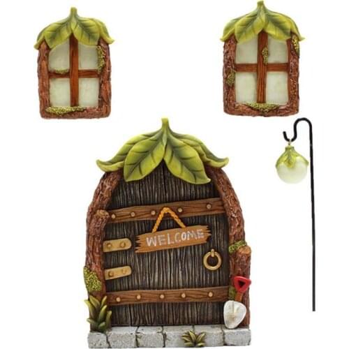 Country House Fairy Door Glow in the Dark Resin Miniature Fairy Elf Front Door and Window Accessories Outdoor Garden Decor