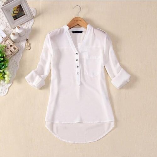 NEW Chiffon Shirts Womens Tops Long Sleeve Solid Elegant Work Shirts V Neck Blouses Female Clothing Fashion Chemise Casual Blusa