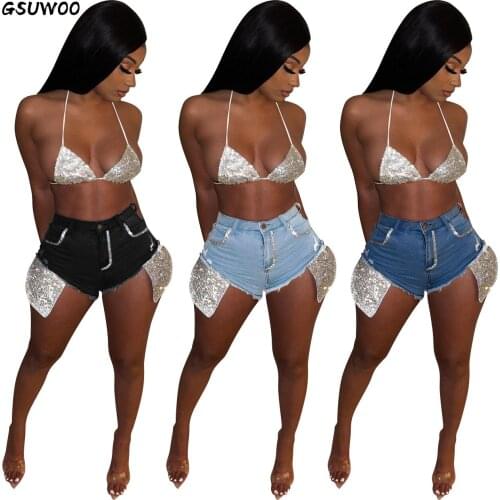 GSUWOO Sequin Pocket Rhinestone Washed Denim Shorts Women Summer Mid Waist Streetwear Fashion Patchwork Short Jeans S-XXL