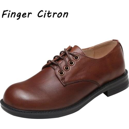 Finger Citron Genuine Cow Leather Women Loafer Shoes Round Toe Rubber Outsole With Lace -Up By Handmade Lady Style Size 35-41