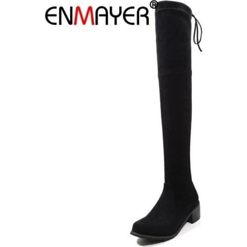 ENMAYER Woman Over The Knee High Boots Women Shoes Winter Boots Women Shoes Thigh High Booty Suede Fashion Boots Lace Up CR2039