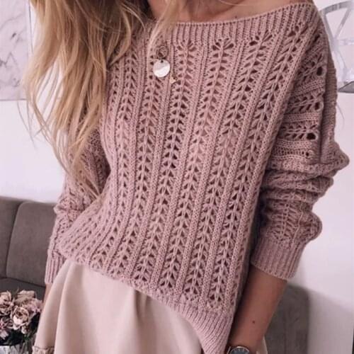 Women Elegant O-Neck Hollow Out Off Shoulder Knitted Sweater Solid Long Sleeve Tops Pullover Autumn Winter Sexy Casual Sweater