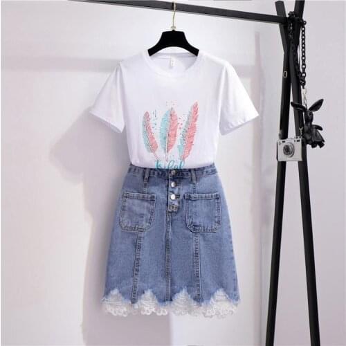 2021 Summer New Two Piece Set Women Fashion Printed Crop Top Tshirt And Skinny Jeans Short Mini Skirt Suit Denim Club Clothing