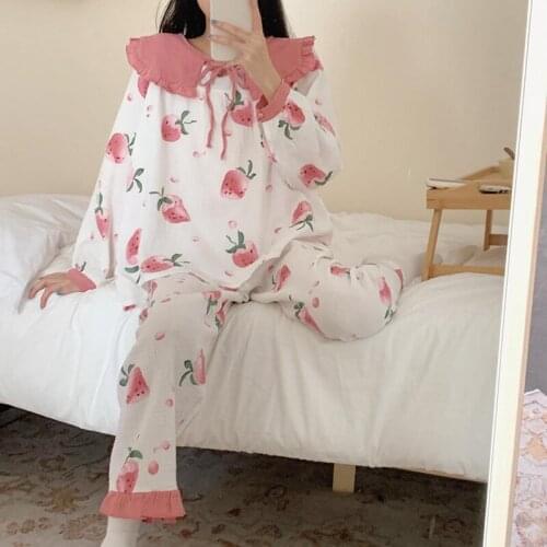 Strawberry Kawaii Pajamas Set Women Single Breasted Shirts + Trousers Set Korean Soft Home Suit Cotton Home Clothes Cute