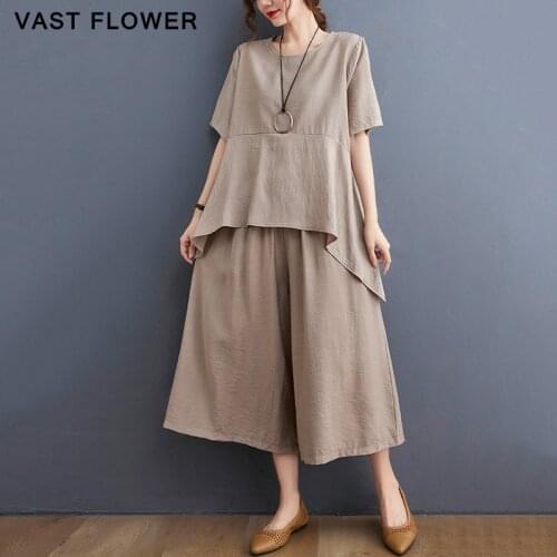 Plus Size Summer Casual Two Piece Set T-Shirt Women New O-Neck Short Sleeve Women Tops Loose Wide Leg Pants Fashion Clothes 2021