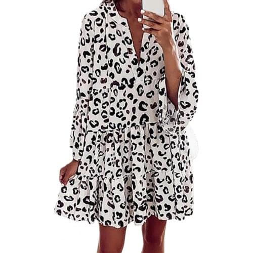 Deep V Neck Mini Dress Leopard Floral Print Women Puff Sleeve Swing Hem Casual Dress Streetwear