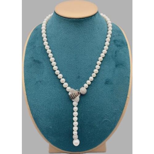 FoLisaUnique 7-8mm AAA Freshwater White Pearls Necklace For Women Birthday Gift Cubic Zirconia Bee Magnet Clasp Adjustable