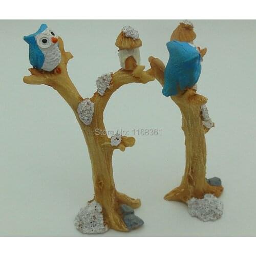 1pcs/lot resin tree with blue owl and house 86mm fairy garden gnome moss terrarium decor crafts bonsai home decor DIY A035-1