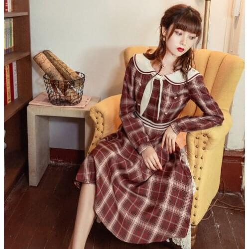 2020 new fashion womens clothing autumn Peter pan Collar Full Plaid Vintage dresses