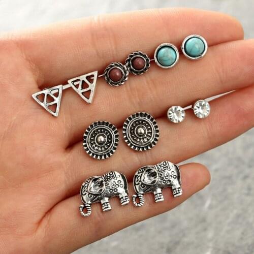 6paris per set Vintage Antique Silver Elephant Round Metals Turquoise Cabs Tribal Tiny Stud Earrings for Women