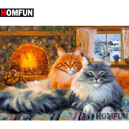 HOMFUN Full Square/Round Drill 5D DIY Diamond Painting "Cat fireplace" 3D Diamond Embroidery Cross Stitch Home Decor A30172