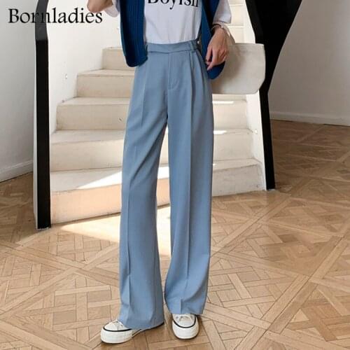 Bornladies 2021 Summer Casual High Waist Loose Straight Pants for Women office Ladies Button Wide Leg Trouser Female Solid Pants