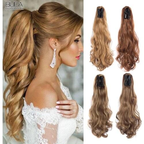 Budabuda 20Inch Long Curly Wavy Ponytail Synthetic Hair Extensions Fake Hair Clip For White Women Pink Grey Blonde Color