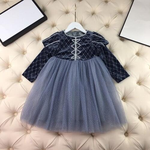 Childrens European and American wear 2021 autumn new style Long-sleeved velvet patchwork mesh Girls fashion dress
