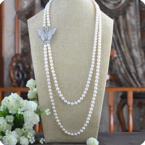 Design butterfly clasp 70-80cm double 7-8mm white freshwater pearl sweater chain long necklace fashion jewelry #1