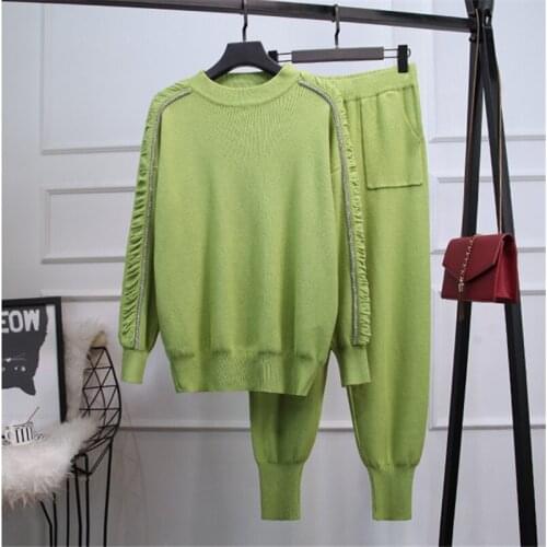 Two Piece Set Women Fashion knit top 2021 Autumn Winter Tracksuit Loose Long Sleeve Sweater Harlan Pants Suit Ladies Coat H1043