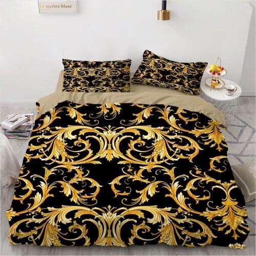 2/3 Pieces Golden Flower Chain Bedding Set 3D Print Vintage Baroque Duvet Cover Euporean Pattern Bed Quilt Cover Pillowcase