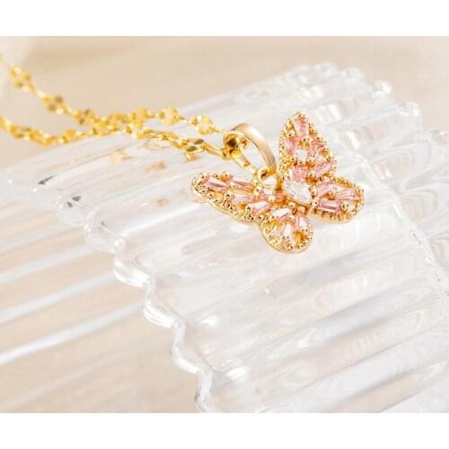 Minar Korean Style Bling Butterfly Pendant Necklaces Titanium Steel Sweet Charms Necklaces for Women Girls Accessories Gifts