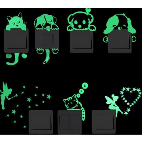 Cartoon Luminous Switch Sticker Glow in the Dark Wall Stickers Home Decor Kids Room Decoration Sticker Decal Cat Fairy Moon Star