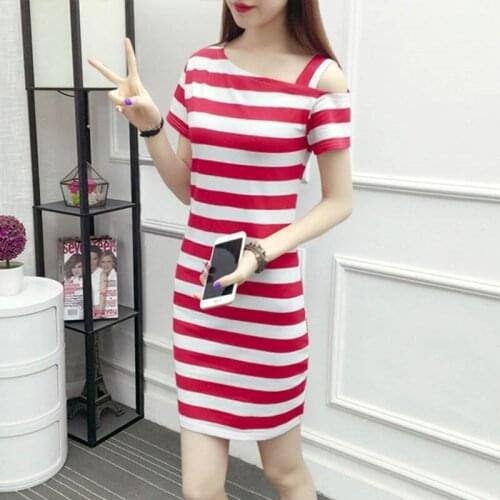 Summer Polyester Womens Dress Round Collar Short Sleeve Pullover Patchwork Striped Slim Korean Style Fashion Office Lady Dress