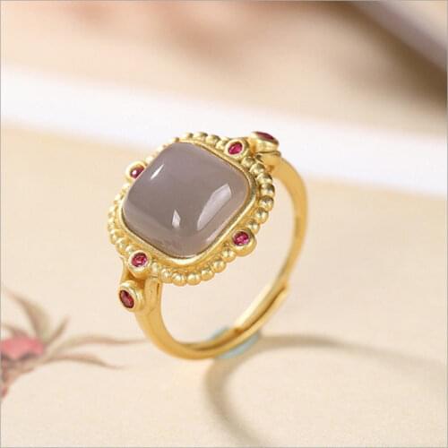 Natural Smoky Purple Square Ring S925 Sterling Silver Hetian Jade Open Ring Fashion Classic Ring Ornament for Women