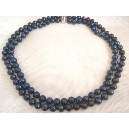 Women Jewelry natural pearl 7x8mm black colors 2 rows necklace real Natural freshwater pearl handmade gift 17'' 42cm