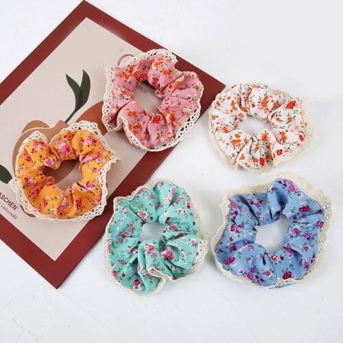 Sweet Flowers Lace Scrunchies Women Romantic Pink Blue Hair Rope Hair Ties Hair Accessories Elastic Kawaii Hair Band Fashion