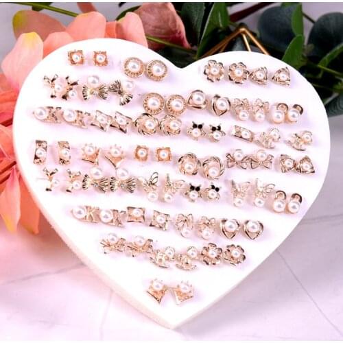 Butterfly Simulated Pearl Stud Earrings Set for Women 36 Pairs/lot Mixed Style Metal Gold Color Girl earring Jewelry Gifts