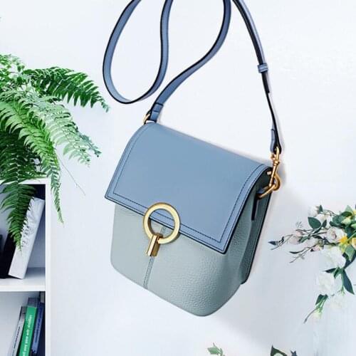 2021 Summer New Genuine Leather Panelled Messenger Bags Women Leather Crossbody Mini Shoulder Bag Small Bucket Bag