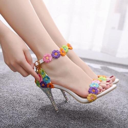 Crystal Queen Sweet White Lace Flower Sexy PUMPS Wedding Shoes Women Lacing Ankle Strap Peep Toe High Heel Sandals 9CM Heels