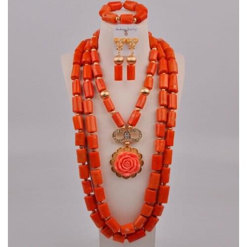 Splendid Orange African Coral Beads Jewelry Set Nigerian Wedding Bridal Jewelry Sets for Women 3C-A-02
