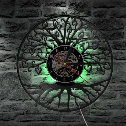 Vintage Tree of Life Vinyl Record Wall Clock LED Lights on the Wall Art Home Decor Non-Ticking Silent Hanging Watch Wall Lamp