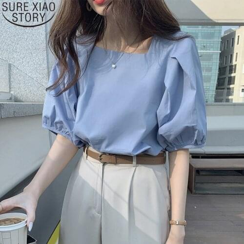 Short Lantern Sleeve Casual Shirt Blusas De Mujer Womens Tops Blouse Summer Korean Simple Fashion Square Collar White 14608