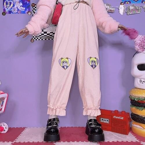 Women Trousers Cartoon Japanese Loose Print All-Match straight Casual Long Pants Harajuku Korean Cute Embroidery Elastic Pant