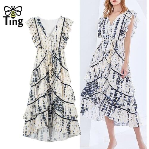 Tingfly Women High Street Casual Ruffles Asymmetrical Boho Midi Long Dress Summer Ruffled V Neck Chic Designer Dress with Belt