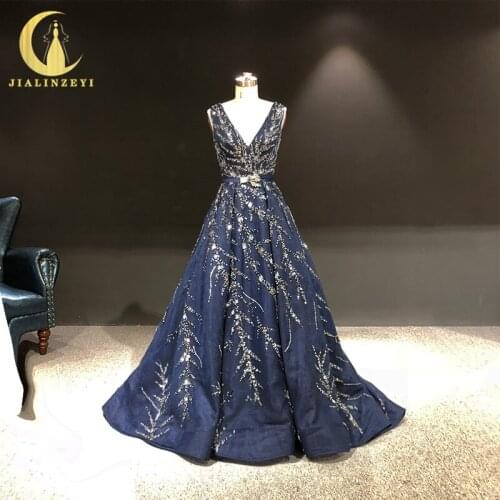 JIALINZEYI Real Sample Navy Blue Full Beads Crystal A-line fashion Formal Dress for Party Evening Dresses