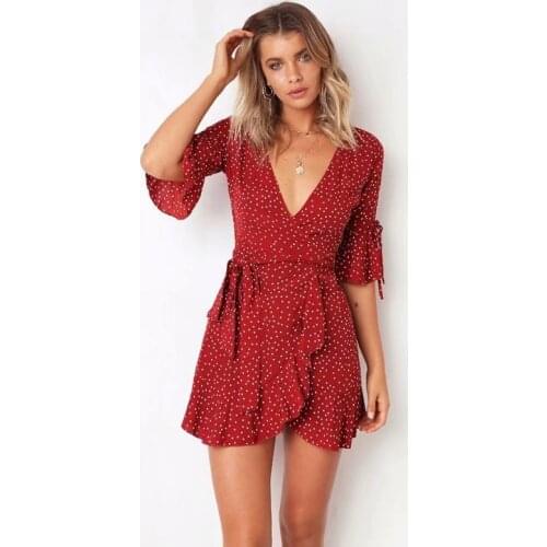 Liyuan Beach Wrap Dress Women Short Sleeve Red Polka Dot Summer Dress 2019 sash slim elegant sexy boho ruffles Vestido 3 26
