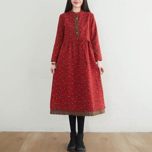 Women Vintage Print Long Dress New Arrival 2021 Spring Arts Style Stand Collar Patchwork Lace Loose Female Casual Dresses D009