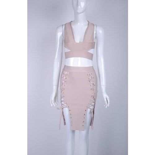 2017 New Chic Side Cross Criss Lace Up Embellished Two Pieces Set Wholesale Women Celebrity Party Bandage Dress