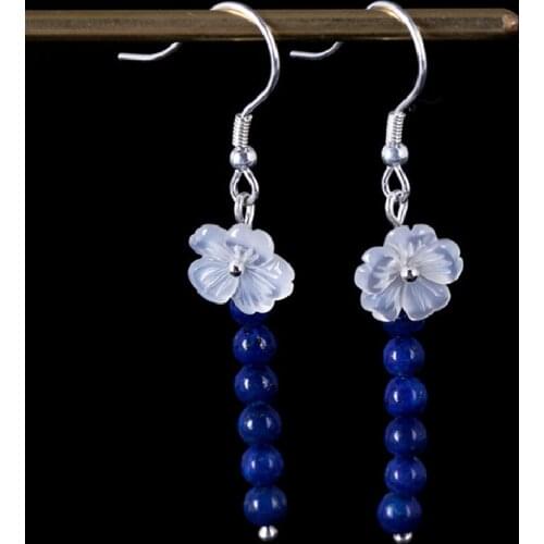 2021 New Style 925 Silver Natural Lapis Lazuli Natural Shell Flower Earrings Womens Jewelry