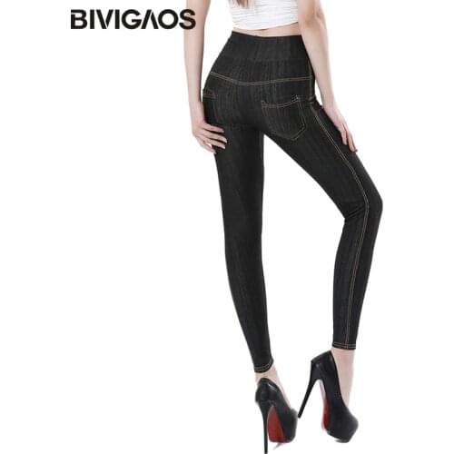BIVIGAOS New Slubbed Denim Faux Jeans Leggings Slim Skinny High Waist Jeggings Elastic Legging Pencil Pants For Women Plus Size