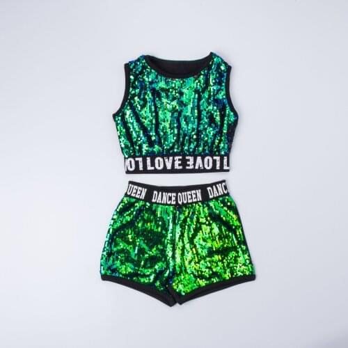 Children Jazz Dance Costumes kids dark green hip hop Clothes girls sequins Modern Dance Performances Dance Wear for child