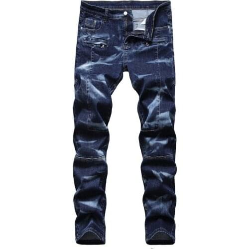 Men Motorcycle Biker Jeans Solid Blue Straight Pants Male Casual Streetwear Patchwork Trousers Fashion Stretch Denim Jeans